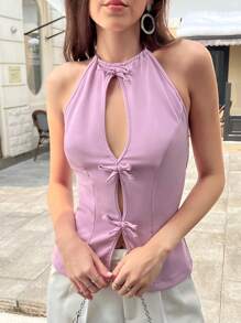 INAWLY Plus Size Mulheres Elegante Cor Sólida Laço Decor Halter Top, Verão - Baby Rosa - Ver 4