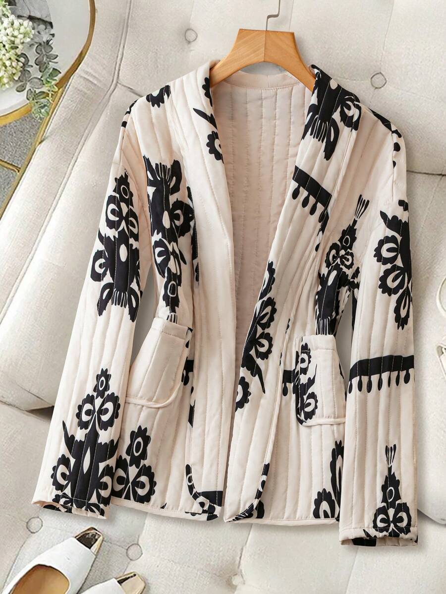 SHEIN LUNE Long Sleeve Padded Padded Coat With Pockets, Digital Print, For Winter Clothes - Multicolor - View 1