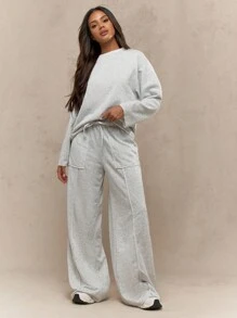 MISSGUIDED Loungewear Wide Leg Athletic Jogger Pants Soft French Terry Workout Fitness Running Leisure Casual Sport Trousers Fall Winter Essential - Light Grey - View 4
