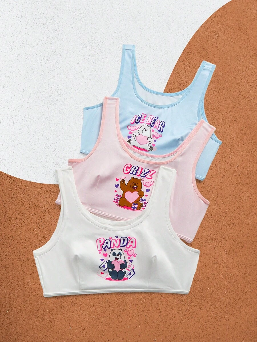 We Bare Bears X SHEIN Tween Girl 3pcs Cute Cartoon Bear & Letter Print Comfortable Underwear Top - Pink - View 1