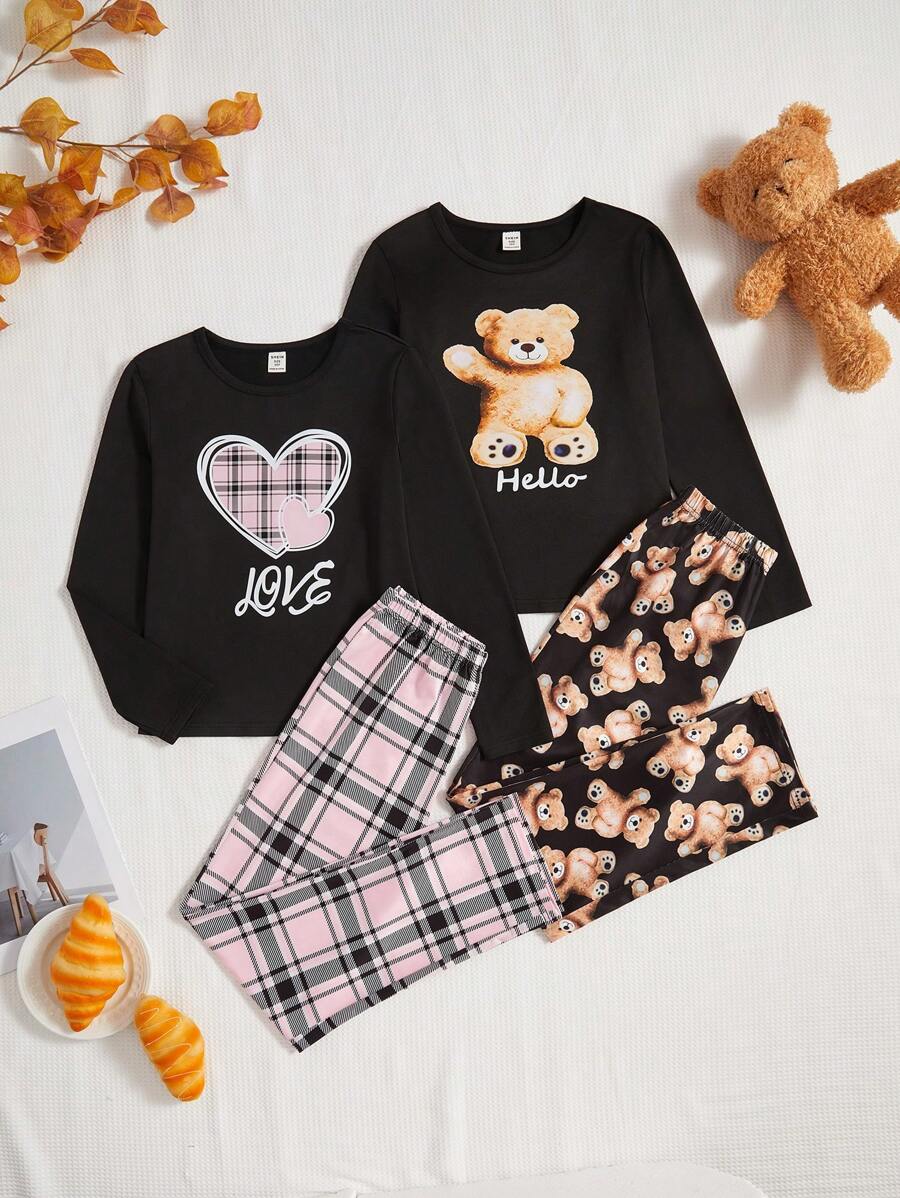 4pcs Girls Pajamas Set Heart Plaid Bear Print Minimalist Fashion Cute Print Long Sleeve Pants - Multicolor - View 1