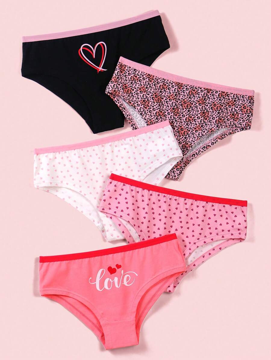 SHEIN 5pcs Tween Girl Leopard Heart Graphic Print Triangle Panty Set - Multicolor - View 1