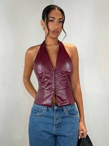 SHEIN BAE Chaleco de mujer de unicolor de PU con botones delanteros y solapa, de corte retro en color borgoña, escote en V sexy. Blusa de tanque, parte superior corta para Navidad, Acción de Gracias y negocios casuales