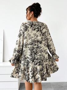 Calvaya Plus Size Women's Autumn Floral Print Round Neck Flare Sleeve Ruffle Hem Dress