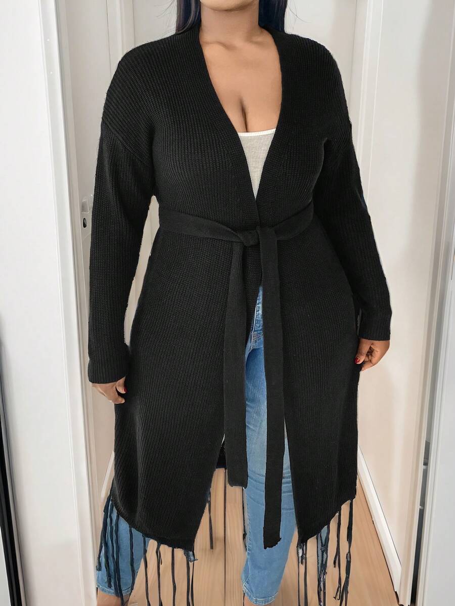 Calvaya Plus Size Women's Solid Color Dropped Shoulder Long Sleeve Casual Cardigan, Fall/Winter - Black - View 1