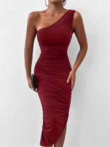 EURMUSE Women Solid Color Sleeveless Pleated Slim Fit Elegant Dress - Red - View 6