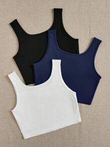 SHEIN EZwear 3 件套休闲简约圆领短款修身背心，女士，夏季 - 彩色 - 查看 2
