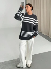 SHEIN Unity Women Casual Contrast Striped Loose Knit Pullover Sweater, Autumn/Winter, Knit Pullover Fall - Grey - View 2