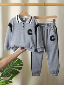 2pcs/Set Young Girl Fashion Casual Minimalist Letter C Graphic Polo Collar Long Sleeve Top + Striped Comfortable Pants, Korean Style Suit For Back To School Season, Spring Autumn - Grey - View 1