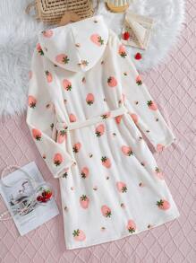 SHEIN Explorewe 青少年女孩休闲草莓印花长袖连帽毛绒睡袍家居服 - 彩色 - 查看 2