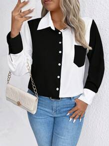 SHEIN CURVE+ Chemise grand taille mode à col boutonné avec blocs de couleurs, convient pour le business, le travail et le casual - Noir et Blanc - Voir 4