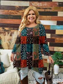 Mellowie Damen Große Größen Retro Blumen Karo Muster Lässig Asymmetrischer Saum Rundhals Loose 3/4 Arm T-Shirt, geeignet für Herbst/Winter