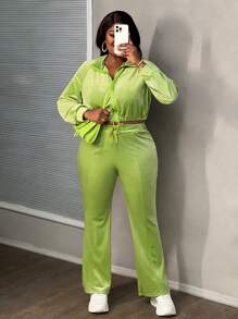 Slaydiva 2pcs/Set Plus Size Casual Sports Zip-Up Jacket And Flare Pants, Green, Autumn/Winter