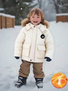 Young Boy Fashion Zip-Up Hooded Padded Coat With Fur Collar