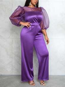 Slaydiva 大码优雅泡泡袖厚缎连体裤，收腰，直腿，紫色，秋冬 - 紫色 - 查看 5