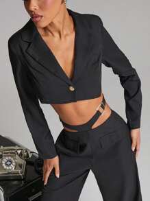 SHEIN Unity Blazer fashion de manga longa com entalhe no decote, cor sólida, cropped, para a estação de outono - Preto - Visão 3