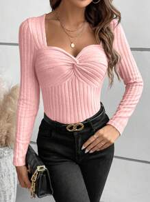 Calvaya Elegante effen kleur T-shirt met lange mouwen en sweetheart hals, voor dames, herfst