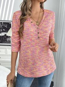 SHEIN LUNE Half-Placket Buttoned Batwing T-Shirt With Waffle Texture Fall Cloth For Women - Hot Pink - View 7