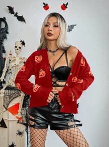 SHEIN Unity 万圣节南瓜图案 V 领落肩长袖针织开衫 - 紅色 - 查看 5