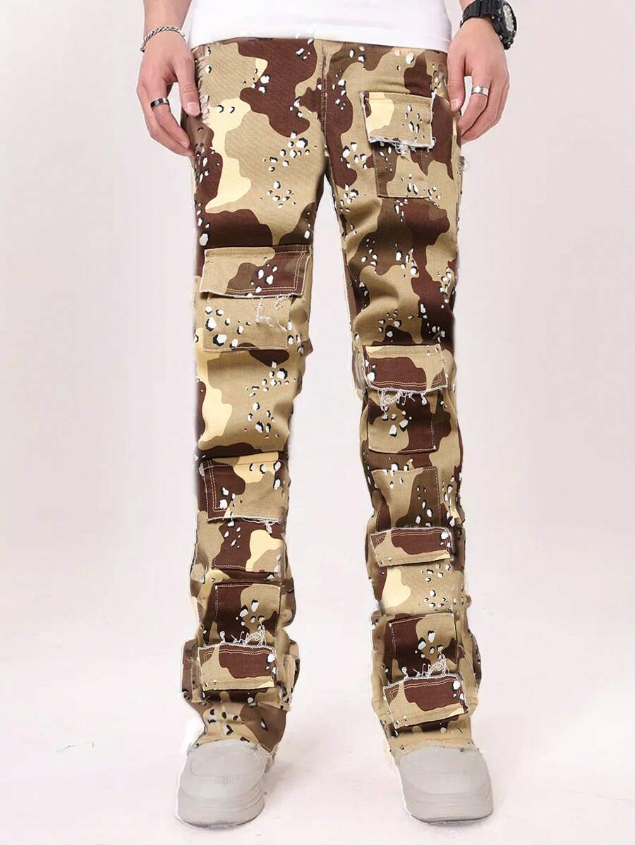 Men's Fashion Printed Multi-Pocket Denim Jeans - Multicolor - View 1