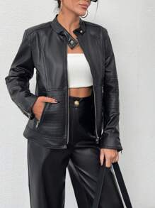 EURMUSE Biker Style Faux Leather, Zip Up Jacket - Black - View 1