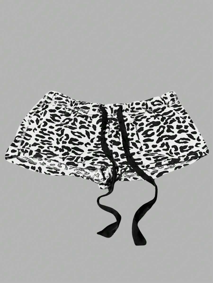 SHEIN EZwear 大码女式抽绳腰豹纹宽松短裤 - 黑與白 - 查看 1