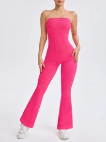 Easithlete Solid Color Figure-Hugging Sleeveless Strapless Sports Jumpsuit - Hot Pink - View 6
