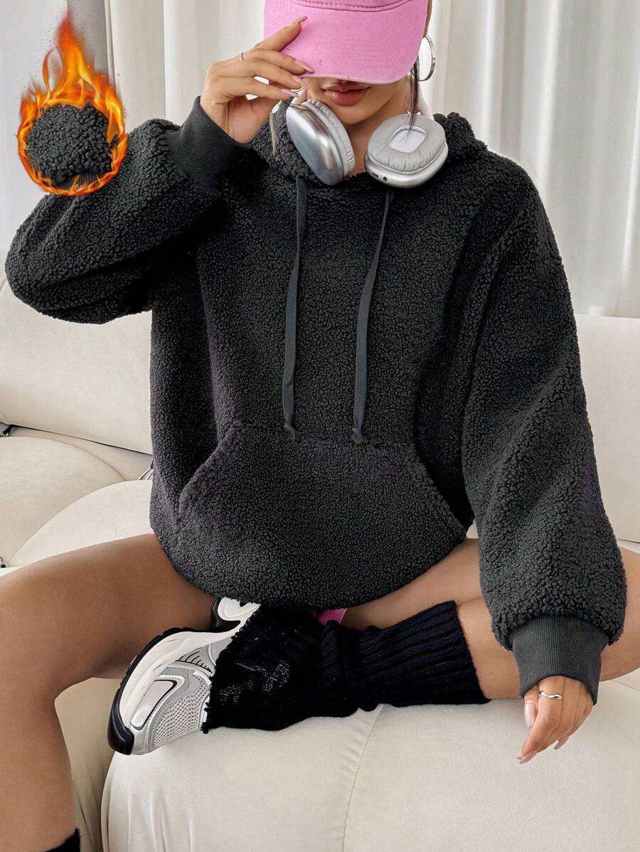 SHEIN SXY 保暖内衬长袖连帽衫，适合居家穿着，秋冬季秋季服装女士 - 黑色 - 查看 1