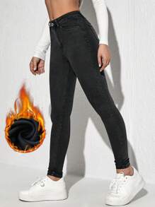 SHEIN Essnce Pantalones vaqueros casuales ceñidos con forro térmico y bolsillos, versátil y grueso, para mujer