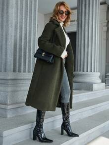 Eilly Bazar Lapel Neck Double Breasted Teddy Coat - Army Green - View 5