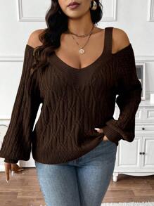 Celure Plus Size Women Knitted Cold Shoulder Partially Open Back Regular Loose Pullover Sweater, Autumn/Winter Fall - Coffee Brown - View 5