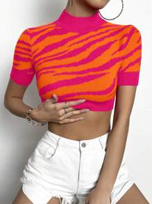 Chiquease 女士立领短袖简约短款休闲针织上衣 - 玫紅色 - 查看 5