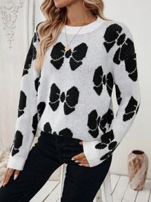 SHEIN LUNE Women Casual Simple French Style Bow Pattern Long Sleeve Sweater Knit Pullover Fall Winter - White - View 4