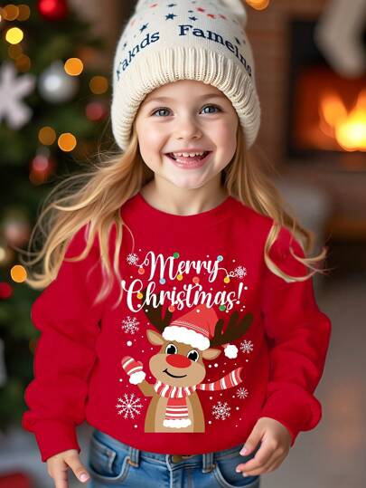 SHEIN Christmas Adorable Reindeer Print Young Girls Casual Everyday Comfort Thicken Long Sleeve Knitted Sweatshirt, Suitable For Autumn/Winter