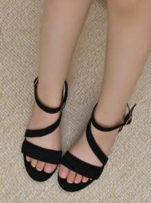 1 Pair Girls Black Elegant High Heel Sandals, Suitable For Summer