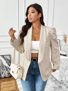 Flirla Plus Size Women Plaid Cocoon Collar Puff Long Sleeve Elegant Blazer Jacket For Autumn Fall Cloth For Women - Apricot - View 6
