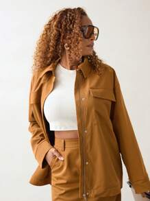 SHEIN Unity Set de 2 piezas: chaqueta y falda de mujer casual de unicolor con cierre delantero de manga larga