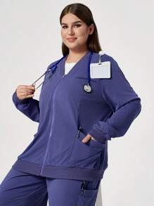 TaskEZ Conjunto de uniforme de pantalón y blusa de unicolor con bolsillo con cremallera, conjunto de ropa de trabajo de otoño para tallas grandes - Azul - Ver 7