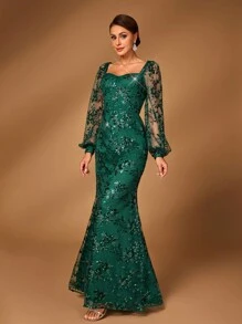 Serin Elegant Luxury Emerald Green Sheer Long Sleeve Embroidered Lace Sequin Mermaid Dress, Suitable For Wedding, Party, Vacation, Gala, Evening, Mother Of The Bride - Dark Green - View 7