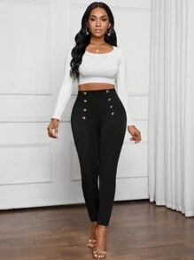 SHEIN Lady Autumn And WinterCasualElegantWorkButton FrontWomen Leggings