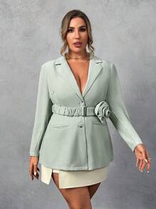 SHEIN Unity Áo khoác Blazer họa tiết hoa 3D trơn màu thanh lịch cỡ lớn có eo thắt chặt - màu xanh lá - Xem 5