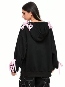 ROMWE Street Life Áo nỉ trùm đầu thêu logo màu khối cỡ lớn phong cách Y2K dành cho nữ - màu đen - Xem 3