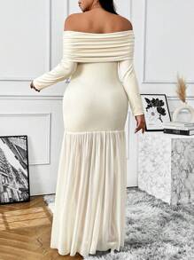 Celure Women Solid Color Off Shoulder Long Sleeve Ruched Dress Maxi Women Outfit - Apricot - View 2