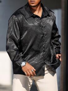 Manfinity Homme Men Plus Size Plain Front Button Long Sleeve Casual Versatile Shirt, For Going Out - Black - View 4