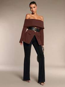 SHEIN BAE Women's Fashionable Off-The-Shoulder Blazer Belt Included Off Shoulder Winter Women Coat Business Women Clothes Winter Women Clothes Professional Tops Winter Women Outfits Women Blazers