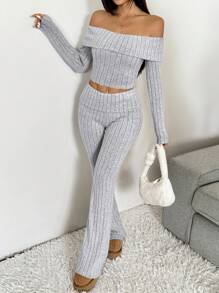 SHEIN EZwear Gray Knit Women's Casual Fitted Set