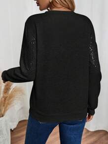 SHEIN LUNE Women Casual Solid Color Sequin Patchwork Sweatshirt, Suitable For Autumn/Winter - Black - View 2