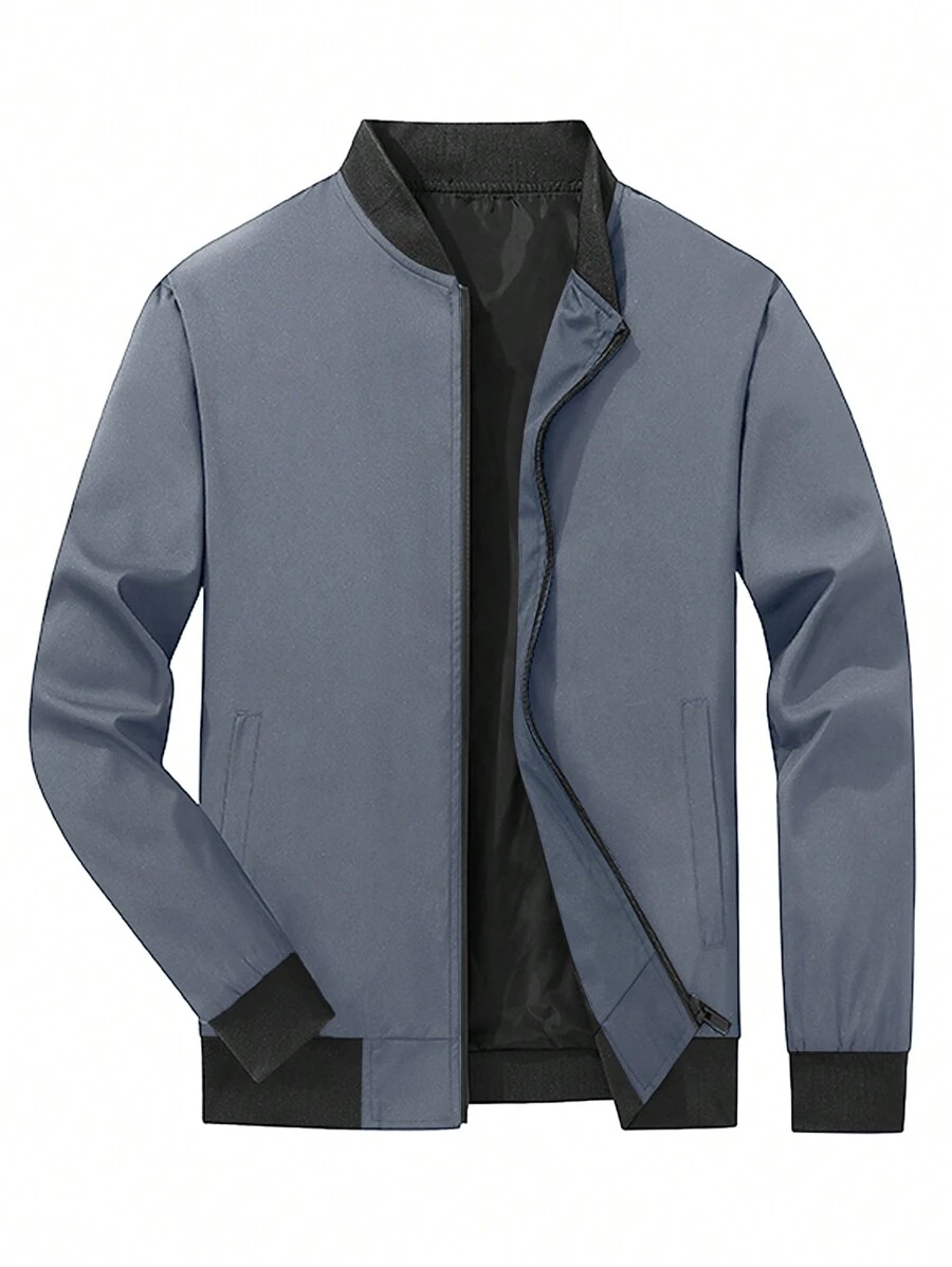 Manfinity Homme Plus Size Men's Plain Color Blocking Front Zipper Pocket Casual Jacket - Dark Grey - View 1