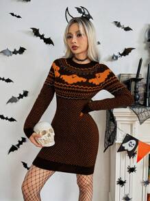 Chiquease Halloween Vibe Vintage Polka Dot Embossed Fitted Tight Bodycon Mini Dress, Stylish For Autumn/Winter, European And American Style