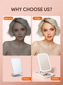 JMMO LED Makeup Mirror Vanity With Storage Stand & 3 Color Lights,Rechargeable Lighted Makeup Mirror,Adjustable Stand & Touch Screen,Beauty & Personal Care Necessary Instruments - White - View 2